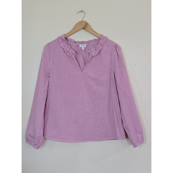 J. Crew Pink Striped Peasant Top Split Neck Ruffle Size Medium Long Sleeve - Picture 1 of 11